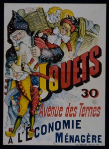 Publicité pour un magasin de jouets sur une affiche représentant le Père Noël et sa hotte.